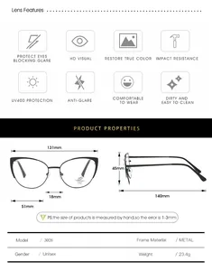 Detailed size chart for cat-eye metal eyeglasses showing full frame measurements and specs