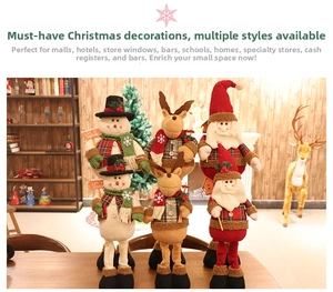 Detail of plush Christmas gnomes with telescoping legs and red plaid holiday attire