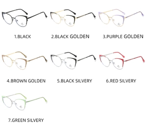 Detailed collection of cat-eye metal eyewear frames in seven distinct two-tone colorways