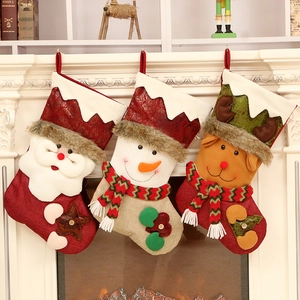 Grand Bas De Noël Sac Cadeau Ornement À Suspendre Père Noël Bonhomme De Neige Renne Motif Revers Fausse Fourrure Similicuir