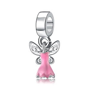 Silver fairy pendant with pink enamel dress and large hole bail for DIY bracelets