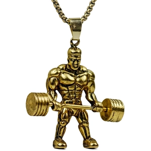 Hip Hop Muscle Man Weightlifting Pendant Necklace Alloy Fitness Gym Bodybuilder Style Retro Gold Silver Jewelry For Men Gift