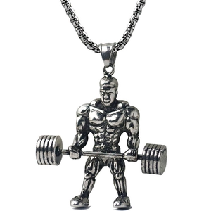 Strong fitness man dumbbell weightlifting pendant necklace in vintage silver steel