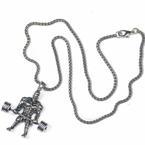 Silver dumbbell fitness necklace with muscular man pendant on round box chain for men