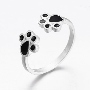 Minimalist S925 sterling silver plated open ring with black paw prints for women