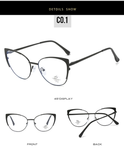 Detailed views of cat eye glasses frames with anti-blue light and UV 400 lens features