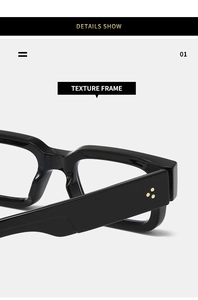 Detail show of thick black rectangle eyewear frame with three golden star rivets on temples