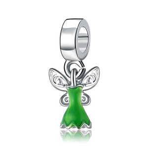 Silver fairy pendant charm with green enamel dress for girls cartoon bracelets