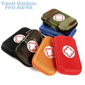 Close-up of portable EVA hard shell first aid kits in multiple colors and camo patterns