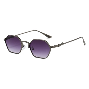 Polygon black sunglasses with purple gradient lenses and gothic metal temples for women