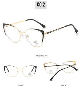 Detailed multi-angle views of black and gold cat-eye glasses frame with UV400 protection