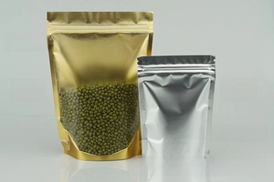 Detail showing self-sealing stand-up pouch with window and gold aluminum foil finish