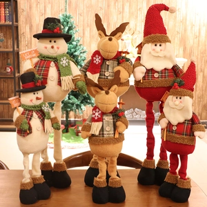 Christmas Telescopic Leg Dolls Plaid Fabric Santa Claus Reindeer Snowman Standing Plush Ornament Holiday Home Party Decor