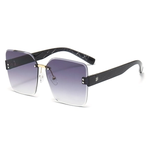 Fashion square rimless sunglasses with purple gradient lenses and geometric textured temples