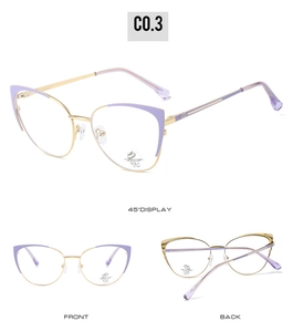 Three-view layout of cat-eye metal glasses frame with purple accents and blue light lenses