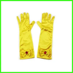 Gants longs de princesse en satin jaune vif avec nœud et pierre précieuse rouge pour fête