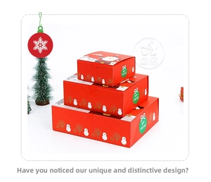 Three-piece stack of red Christmas gift boxes with Santa and snowman patterns