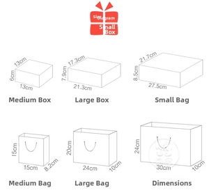 Size guide showing dimensions for small, medium, and large Christmas gift boxes and bags