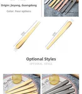 Size chart showing dimensions and weight for gold stainless steel fruit forks and spoons