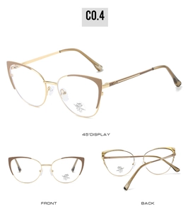 Detailed views of dual-color cat eye metal glasses frames with anti-blue light lenses
