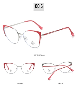 Three perspectives of silver cat-eye metal glasses frames with red brow detail and UV400 lenses