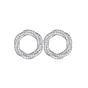 Detail of silver twisted hoop earrings with AAA cubic zirconia micro-pave setting