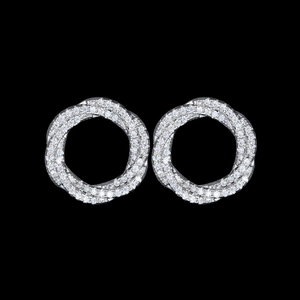 Exquisite silver twist hoop earrings with AAA micro-pave cubic zirconia on black background