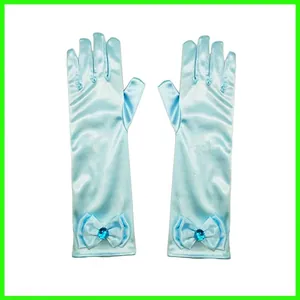 Gants longs en satin bleu clair pour filles avec nœud et décoration de gemme bleue