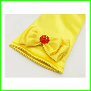 Gants de princesse en satin jaune vif pour filles avec nœud et gemme rouge brillante
