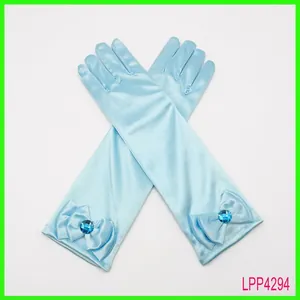 Gants en satin bleu clair pour filles avec nœud et pierre pour déguisement de princesse