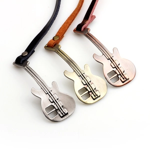 Vintage guitar pendant necklace set with leather cords in silver and bronze finishes