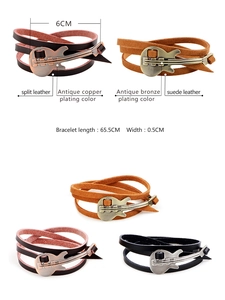 Detailweergave van meerlagige leren gitaararmbanden met afmetingen en materiaalgegevens