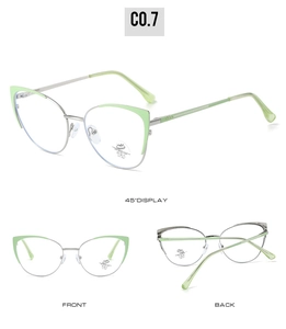 Detailed views of cat eye metal frames with anti-blue light and UV 400 protection