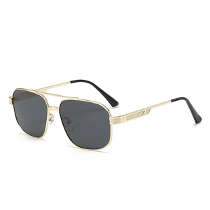 Retro aviator sunglasses with gold metal double bridge and dark grey polarized lenses
