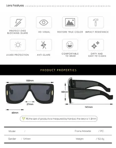 Detailed size chart for oversized square sunglasses with PC frame and UV400 protection