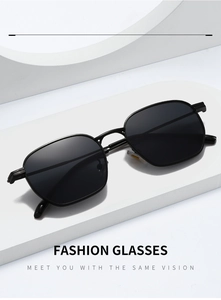 Detail of black rectangular sunglasses with metal frames on minimalist white geometric stand