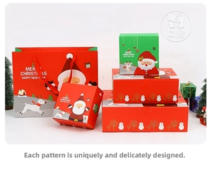 Detail of Christmas gift box set featuring Santa Claus designs and matching paper bags