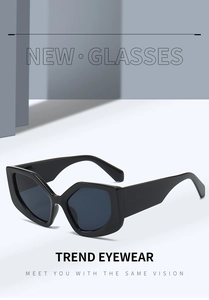 Detail of wide temples and black geometric polygonal frames with trendy dark lenses