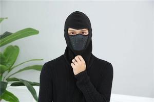 Detail of black winter balaclava with breathable mesh and thick thermal fleece fabric