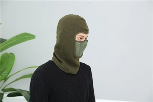 Detail of army green balaclava featuring breathable mesh vent and thick fleece material