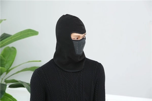 Detail of black fleece balaclava featuring an integrated plastic breathing valve for cycling
