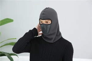 Detail of grey winter fleece balaclava with integrated black breathable mesh face mask