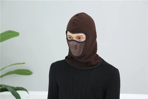 Detail view of brown winter balaclava showing breathable fabric texture and facial fit