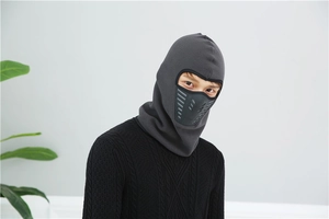 Detail of dark grey balaclava with breathable black valve and fleece thermal texture