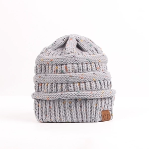 Detailed texture of thick grey knit beanie featuring colorful confetti dots and leather C.C tag