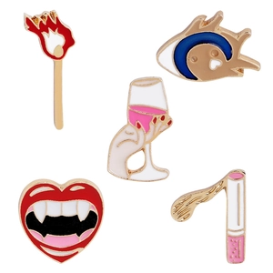 5-piece set of cute enamel pins featuring wine glass, matches, and heart shapes