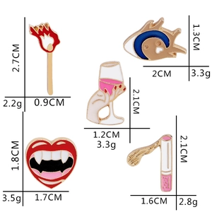 Detail showing dimensions and weights of five quirky enamel brooches in various shapes