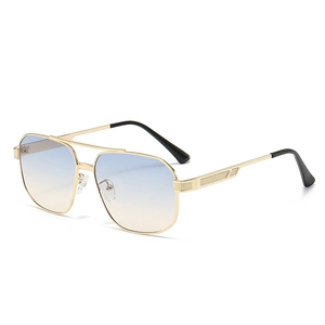 Classic aviator sunglasses with gold metal frame and blue-yellow gradient lenses