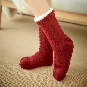 Thick reddish-brown knit thermal floor socks with white fleece lining and anti-slip sole
