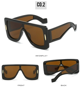 Three angles of oversized square sunglasses with flat top and gold temple detail